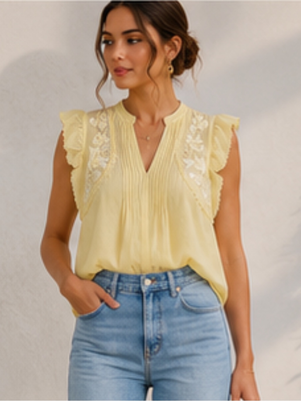 Zadig & Voltaire Pale Yellow Embroidered Ruffle Sleeve Blouse